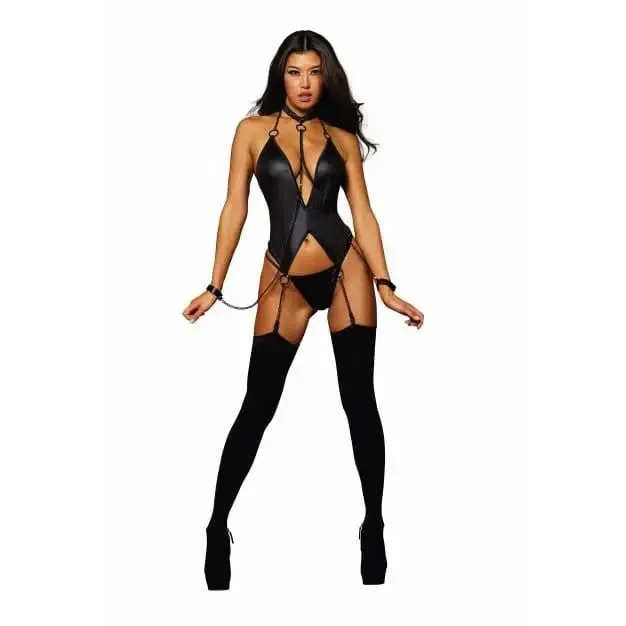 Dreamgirl Faux Leather Short Garter Slip with Black Chain Detail