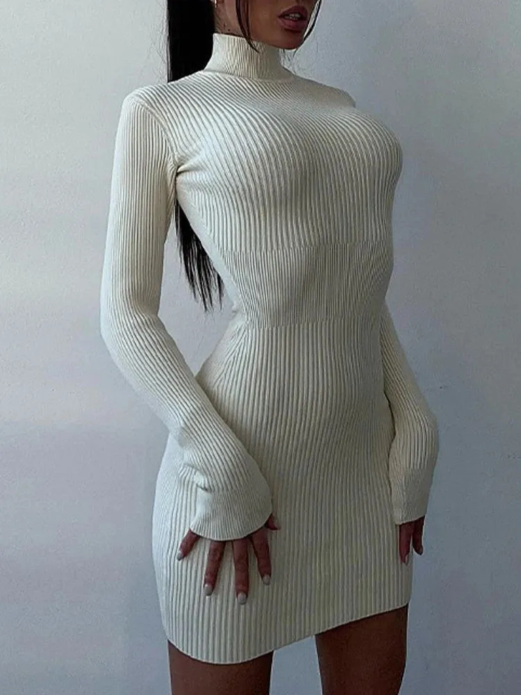 DressBetty - 2024 Knitted White Turtleneck Elegant Fashion Midi Bodycon Dress