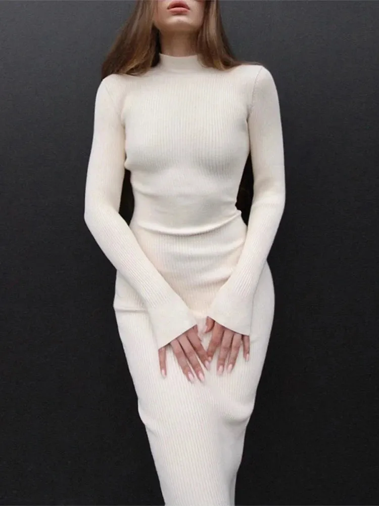 DressBetty - 2024 Knitted White Turtleneck Elegant Fashion Midi Bodycon Dress