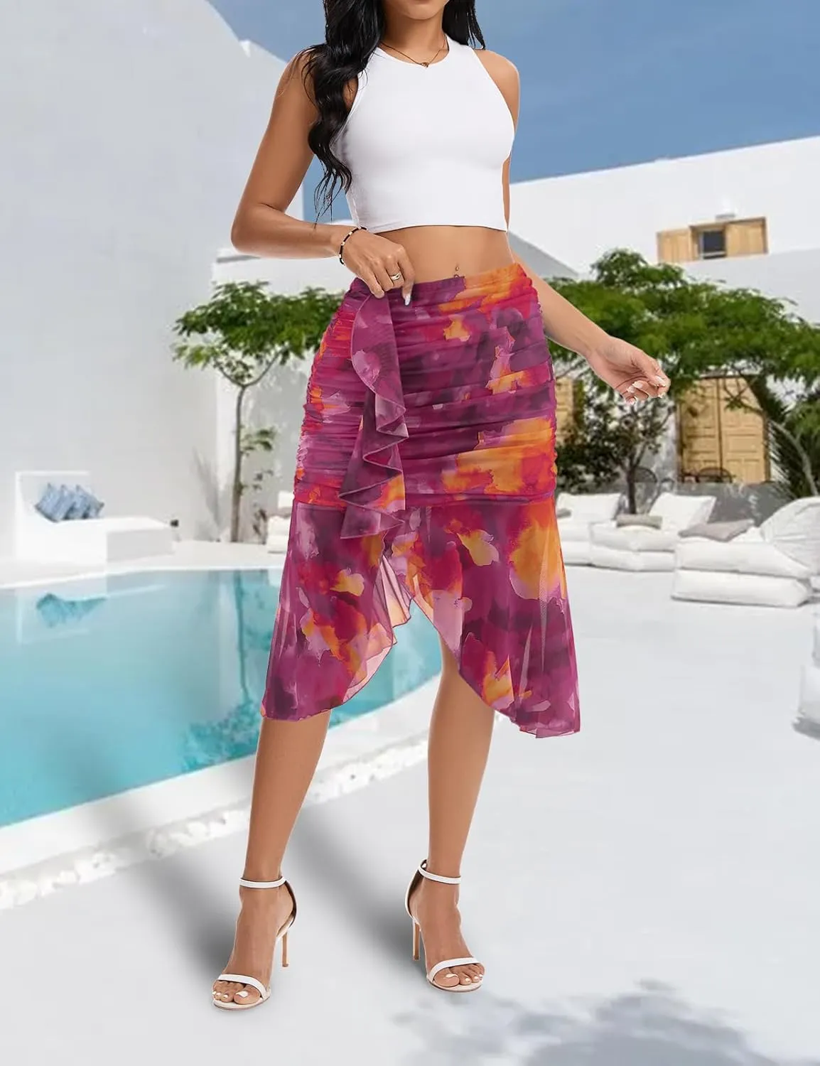 DRESSTELLS Summer Floral Mesh Skirt 2025, Stretchy Ruched Bodycon High Waisted Boho Mermaid Skirts