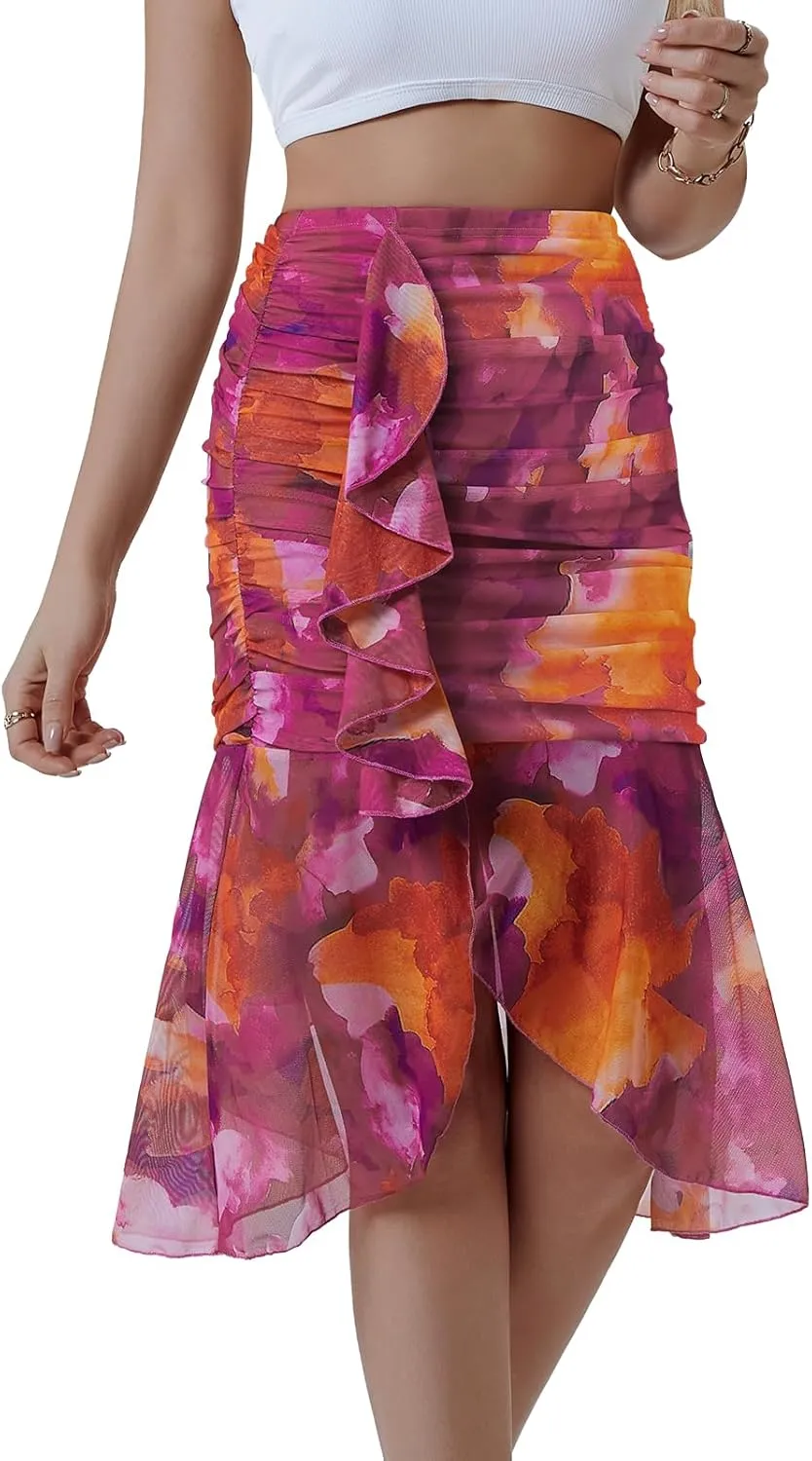 DRESSTELLS Summer Floral Mesh Skirt 2025, Stretchy Ruched Bodycon High Waisted Boho Mermaid Skirts
