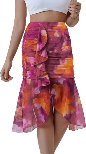 DRESSTELLS Summer Floral Mesh Skirt 2025, Stretchy Ruched Bodycon High Waisted Boho Mermaid Skirts