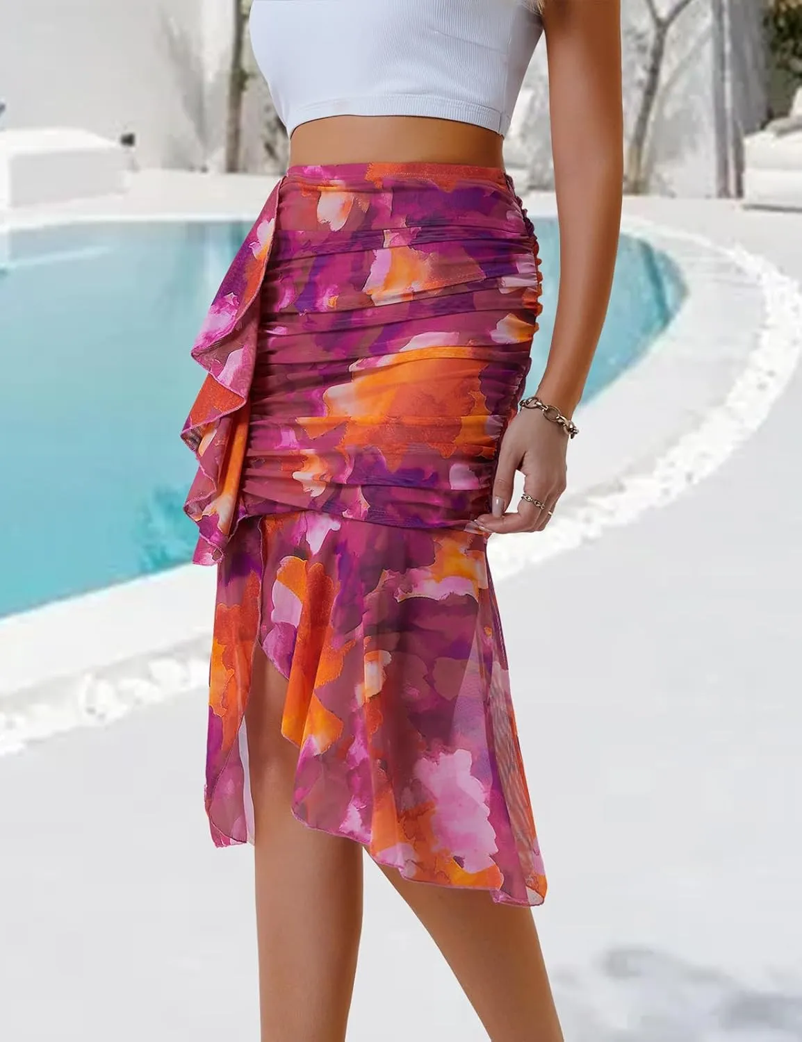 DRESSTELLS Summer Floral Mesh Skirt 2025, Stretchy Ruched Bodycon High Waisted Boho Mermaid Skirts