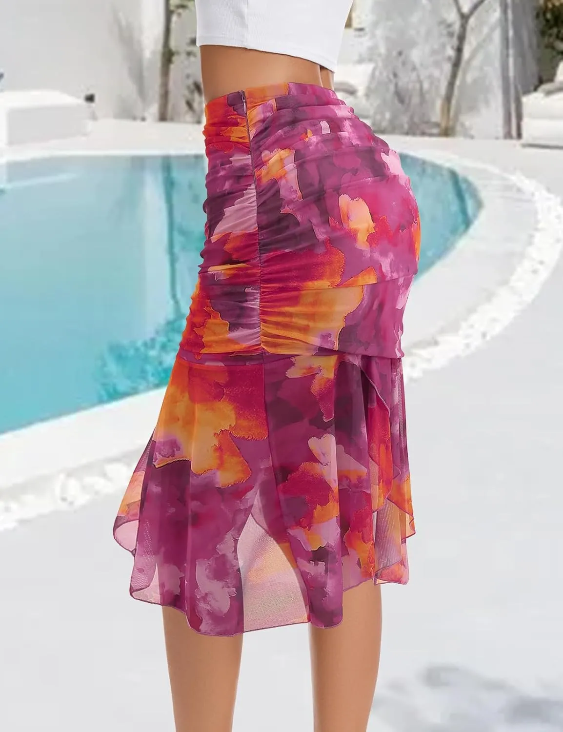 DRESSTELLS Summer Floral Mesh Skirt 2025, Stretchy Ruched Bodycon High Waisted Boho Mermaid Skirts