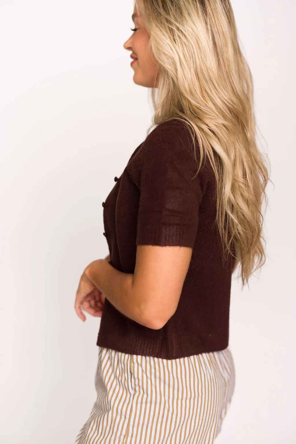 Effie Short Sleeve Button Cardigan in Brown - Nursing Friendly