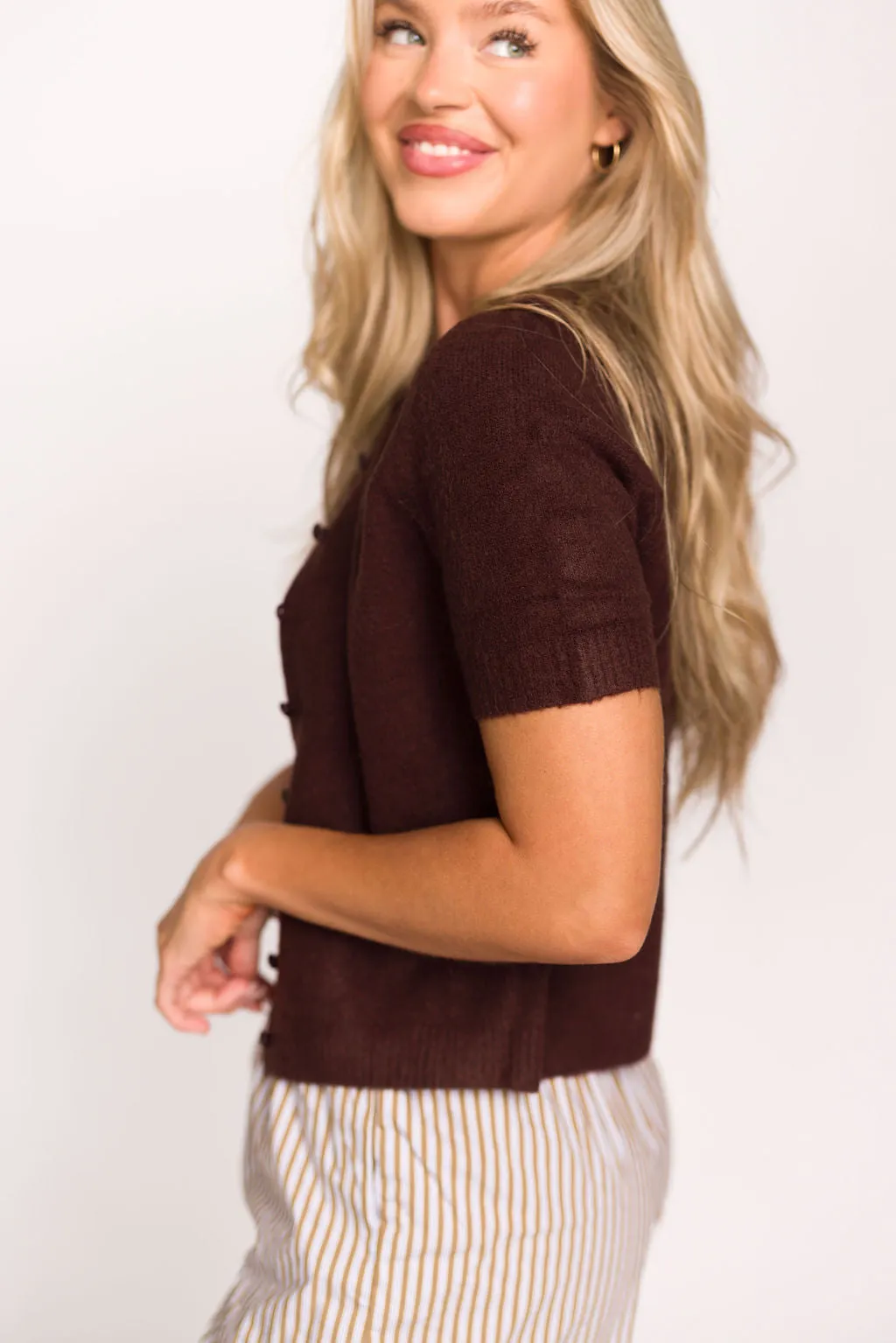 Effie Short Sleeve Button Cardigan in Brown - Nursing Friendly