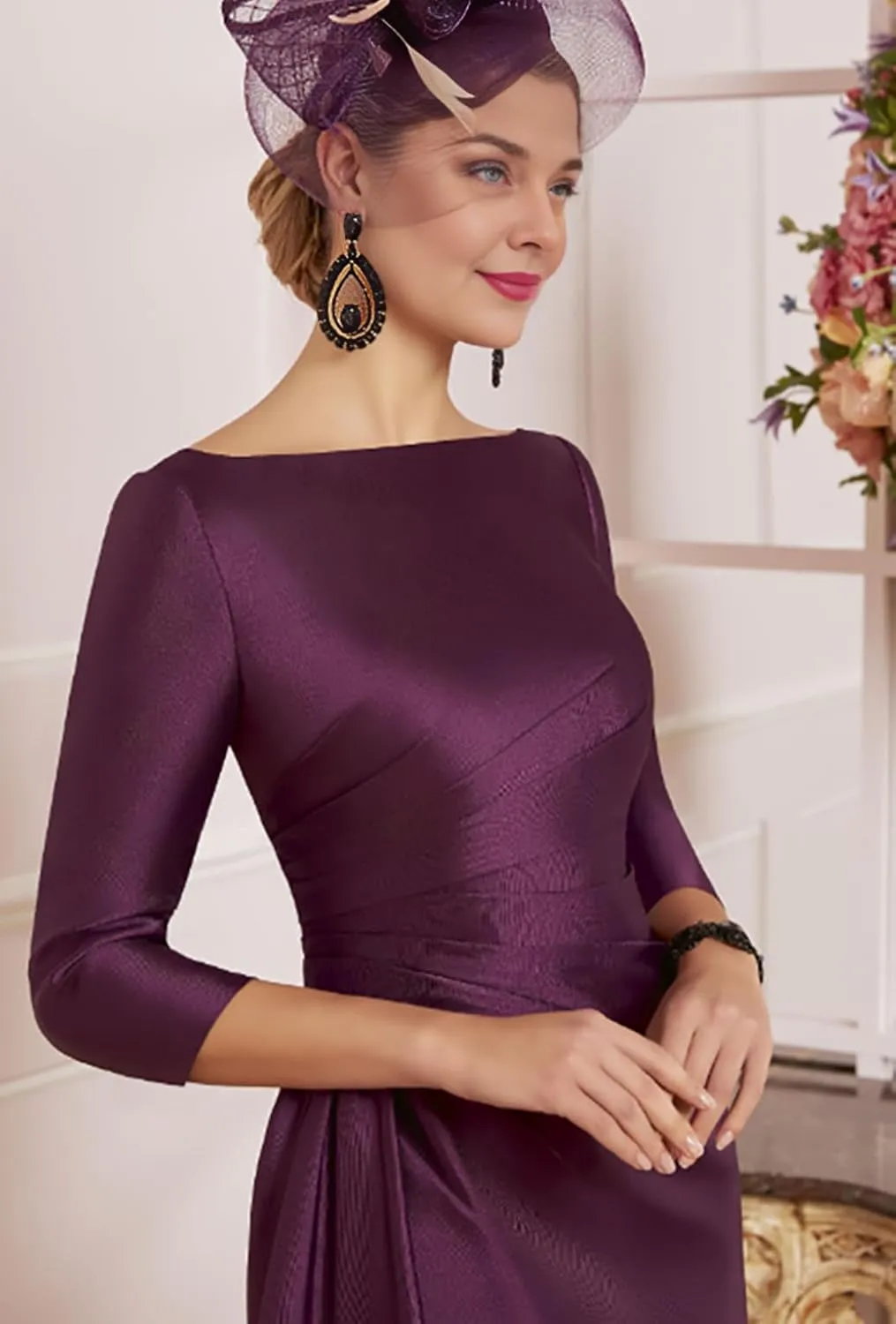 Elegant Sheath Column Scoop Neck Knee Length Elegant Satin Half Sleeves Mother of The Bride Dress 2025 PXC057
