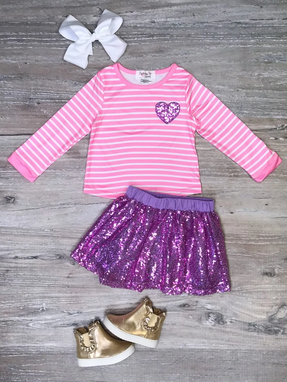 Follow Your Heart Pink Stripe Purple Sequin Girls Skirt Outfit