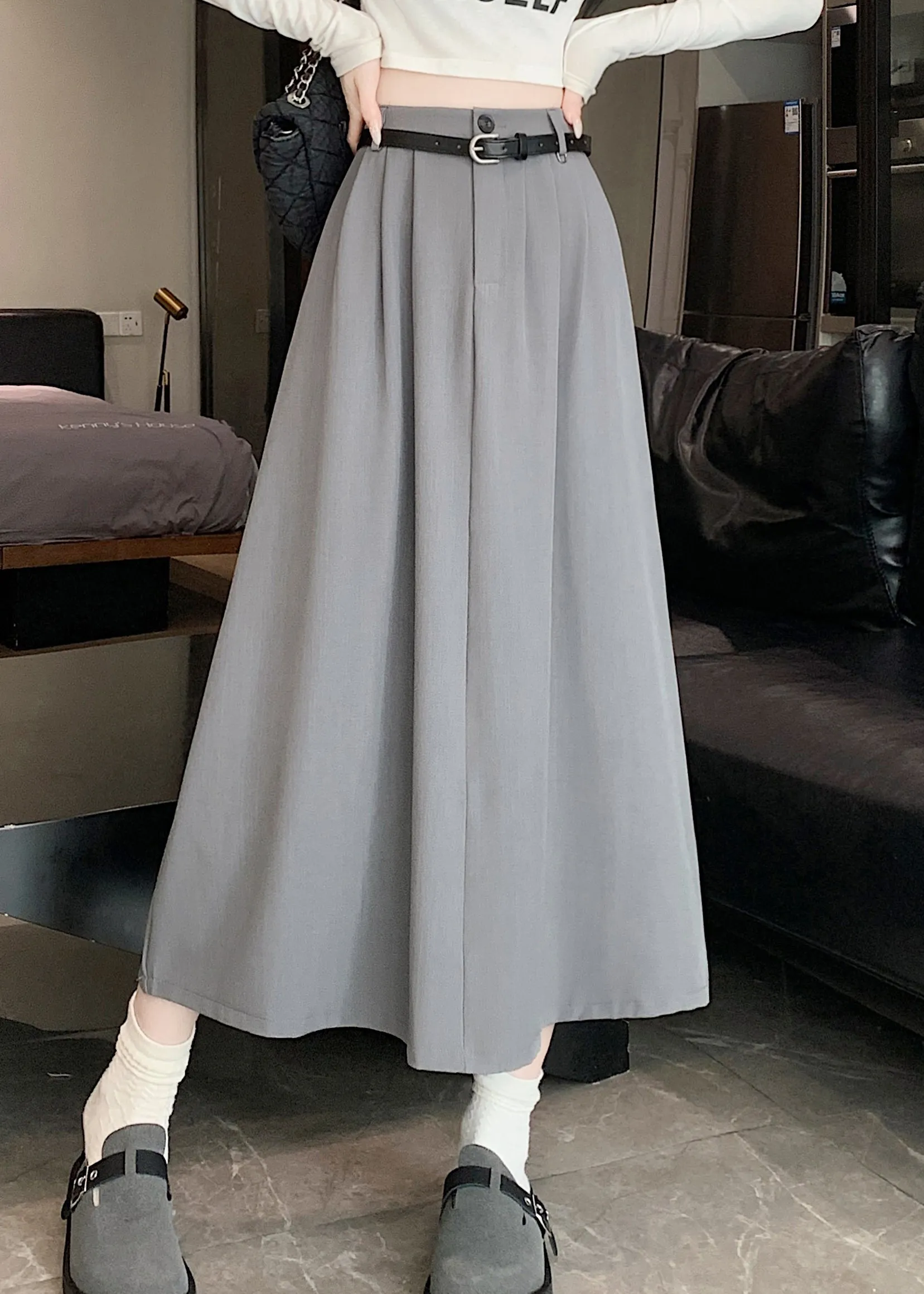 French Grey High Waist Exra Large Hem Skirt Spring QQ1029