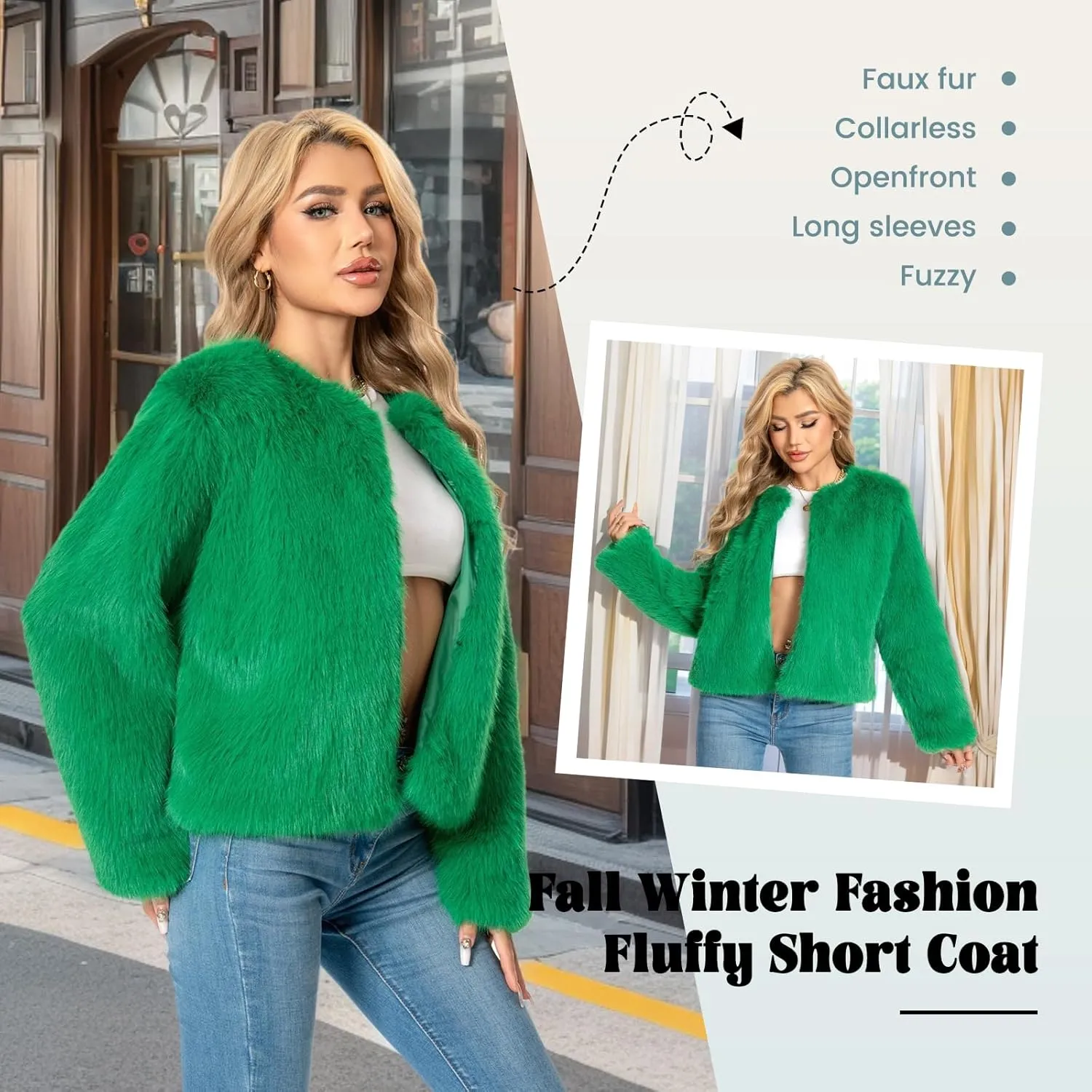 Fur Coat for Women,Faux Furry Long Sleeve Cropped Fluffy Jacket Open Front Coat Shaggy Warm Fall Winter Outerwear.
