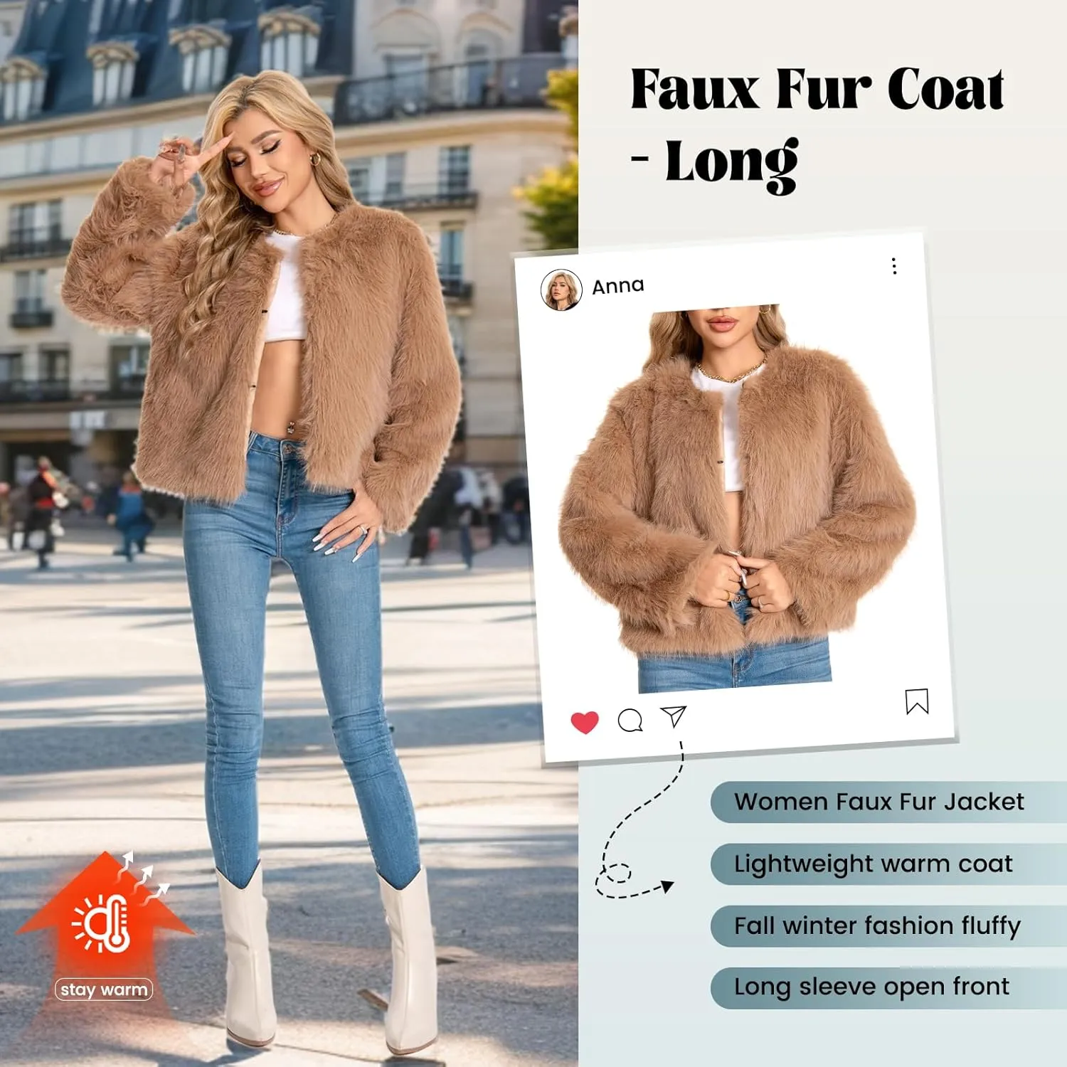 Fur Coat for Women,Faux Furry Long Sleeve Cropped Fluffy Jacket Open Front Coat Shaggy Warm Fall Winter Outerwear.