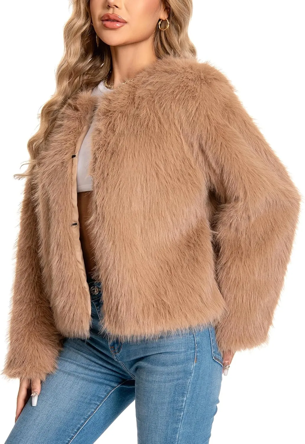 Fur Coat for Women,Faux Furry Long Sleeve Cropped Fluffy Jacket Open Front Coat Shaggy Warm Fall Winter Outerwear.