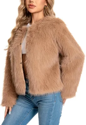Fur Coat for Women,Faux Furry Long Sleeve Cropped Fluffy Jacket Open Front Coat Shaggy Warm Fall Winter Outerwear.