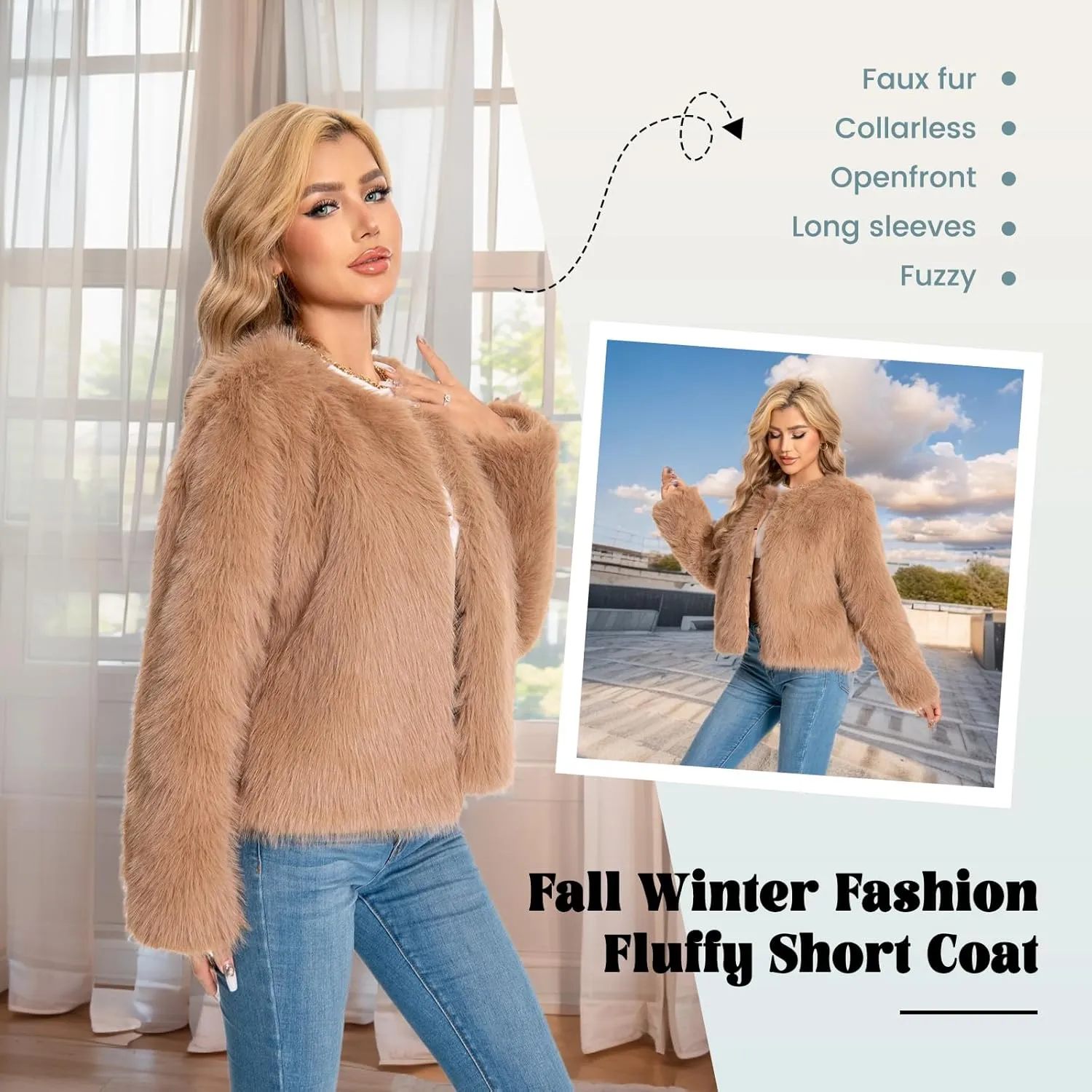 Fur Coat for Women,Faux Furry Long Sleeve Cropped Fluffy Jacket Open Front Coat Shaggy Warm Fall Winter Outerwear.