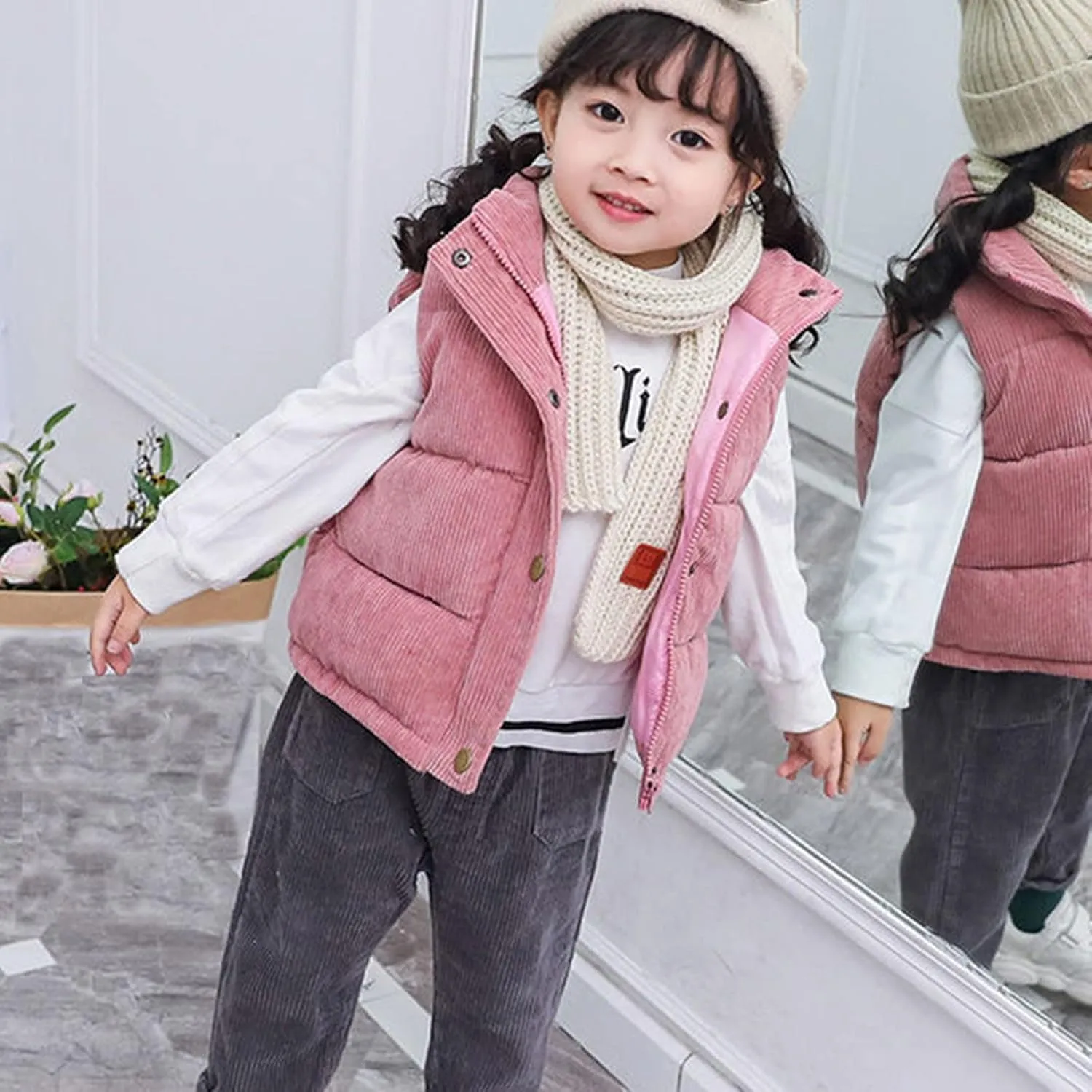 Girls and Toddler's Corduroy Jacket Puffer Vest Sleeveless Down Coat Baby Winter Coat Padded Quilted Vest Waistcoat