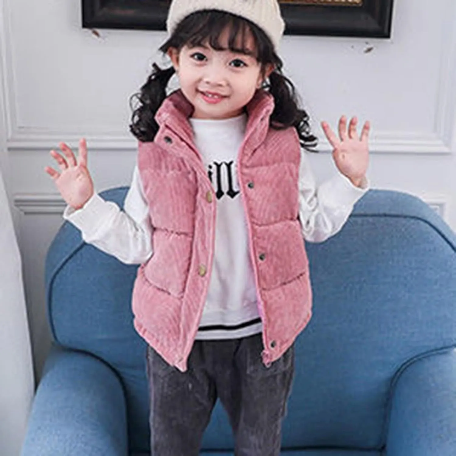 Girls and Toddler's Corduroy Jacket Puffer Vest Sleeveless Down Coat Baby Winter Coat Padded Quilted Vest Waistcoat