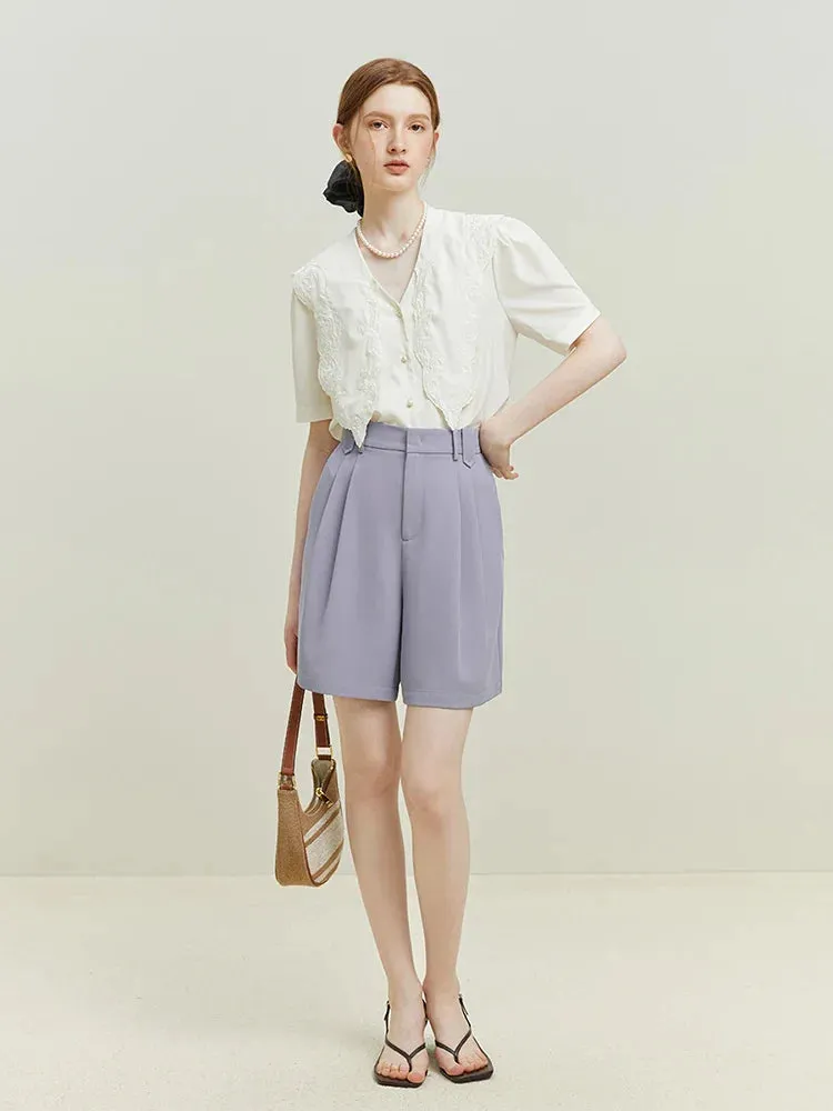 High Waist Pleated Twill Shorts