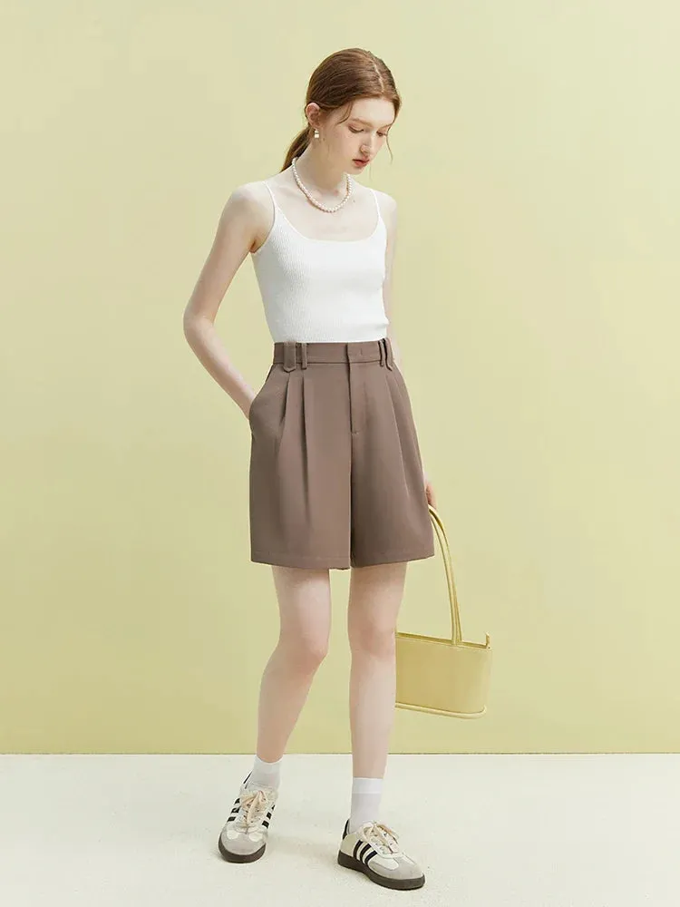 High Waist Pleated Twill Shorts