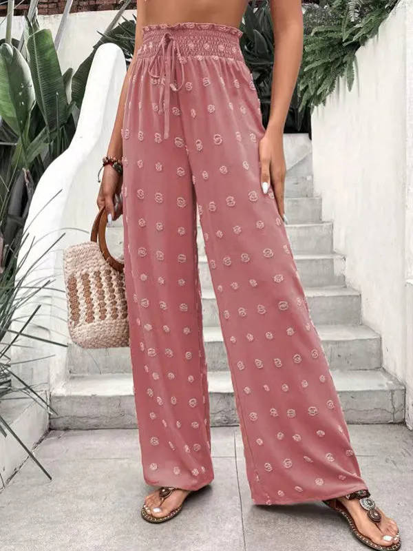 High Waisted Loose Drawstring Elasticity Jacquard Solid Color Pants Trousers