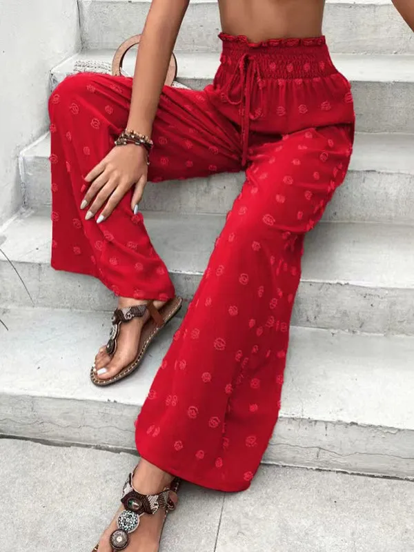 High Waisted Loose Drawstring Elasticity Jacquard Solid Color Pants Trousers