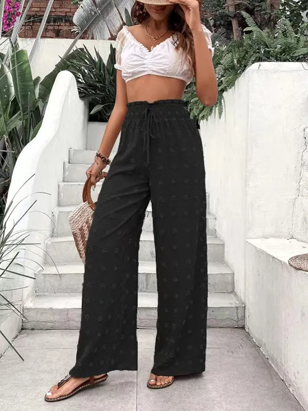 High Waisted Loose Drawstring Elasticity Jacquard Solid Color Pants Trousers