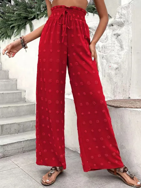 High Waisted Loose Drawstring Elasticity Jacquard Solid Color Pants Trousers