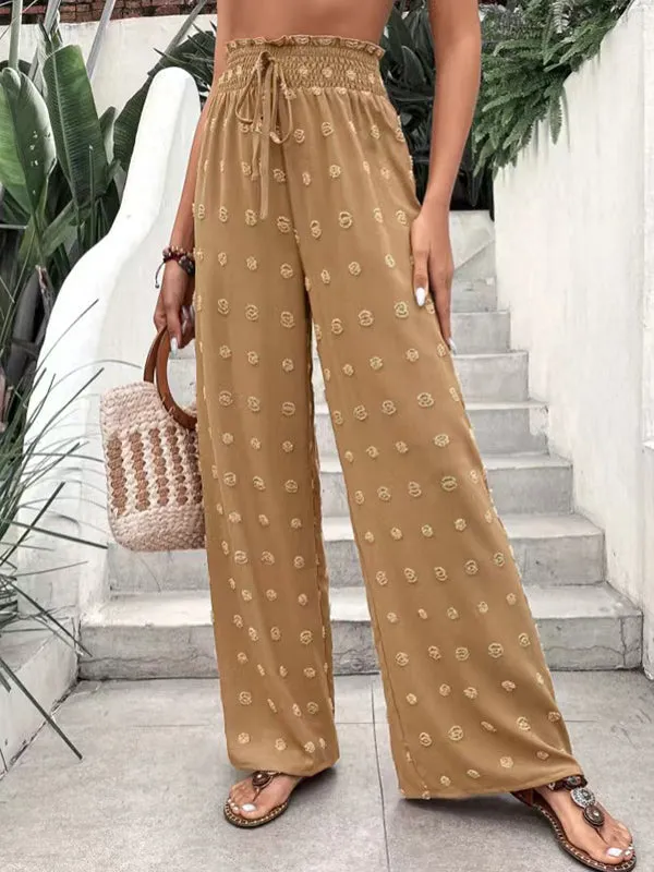 High Waisted Loose Drawstring Elasticity Jacquard Solid Color Pants Trousers