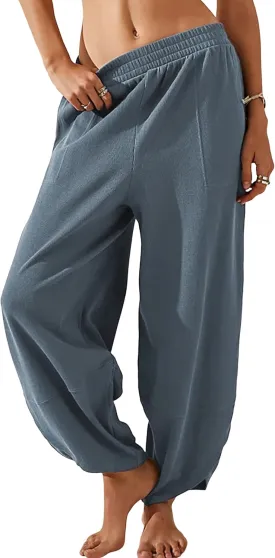Himosyber Women Cotton Pants Wide Leg Pants Casual Loose Baggy Elastic Waist Beach Palazzo Harem Pants
