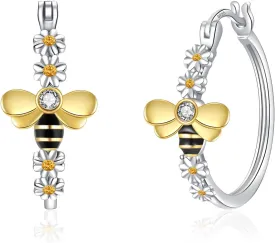 Honey Bee Earrings Daisy Bee Hoop Earrings Bee and Flower Earrings - 925 Sterling Silver Animal Daisy Earrings Jewelry For Teen Women