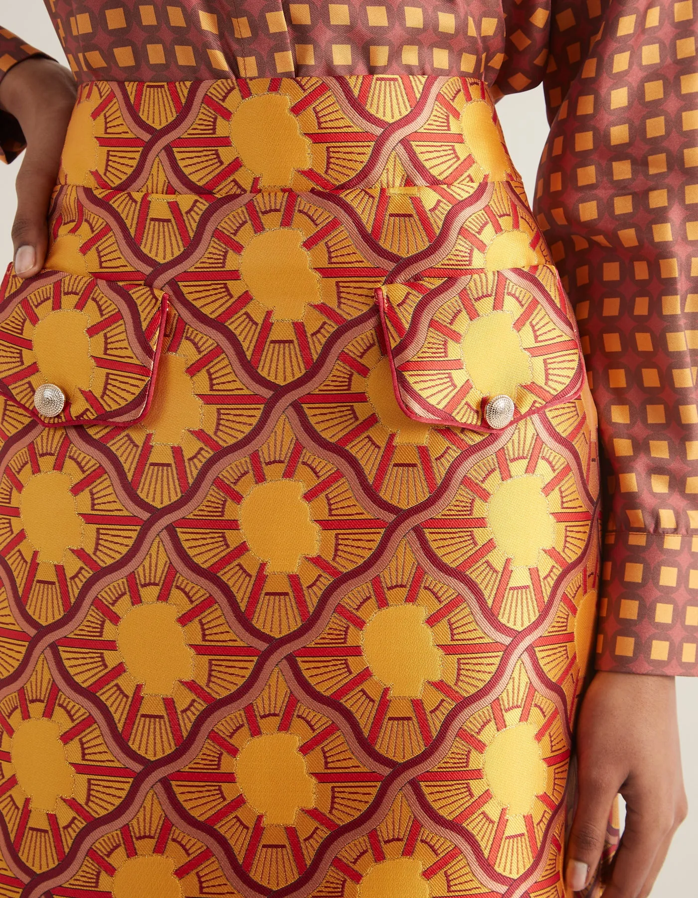 Iona Orange Portrait Print Silk Jacquard Skirt