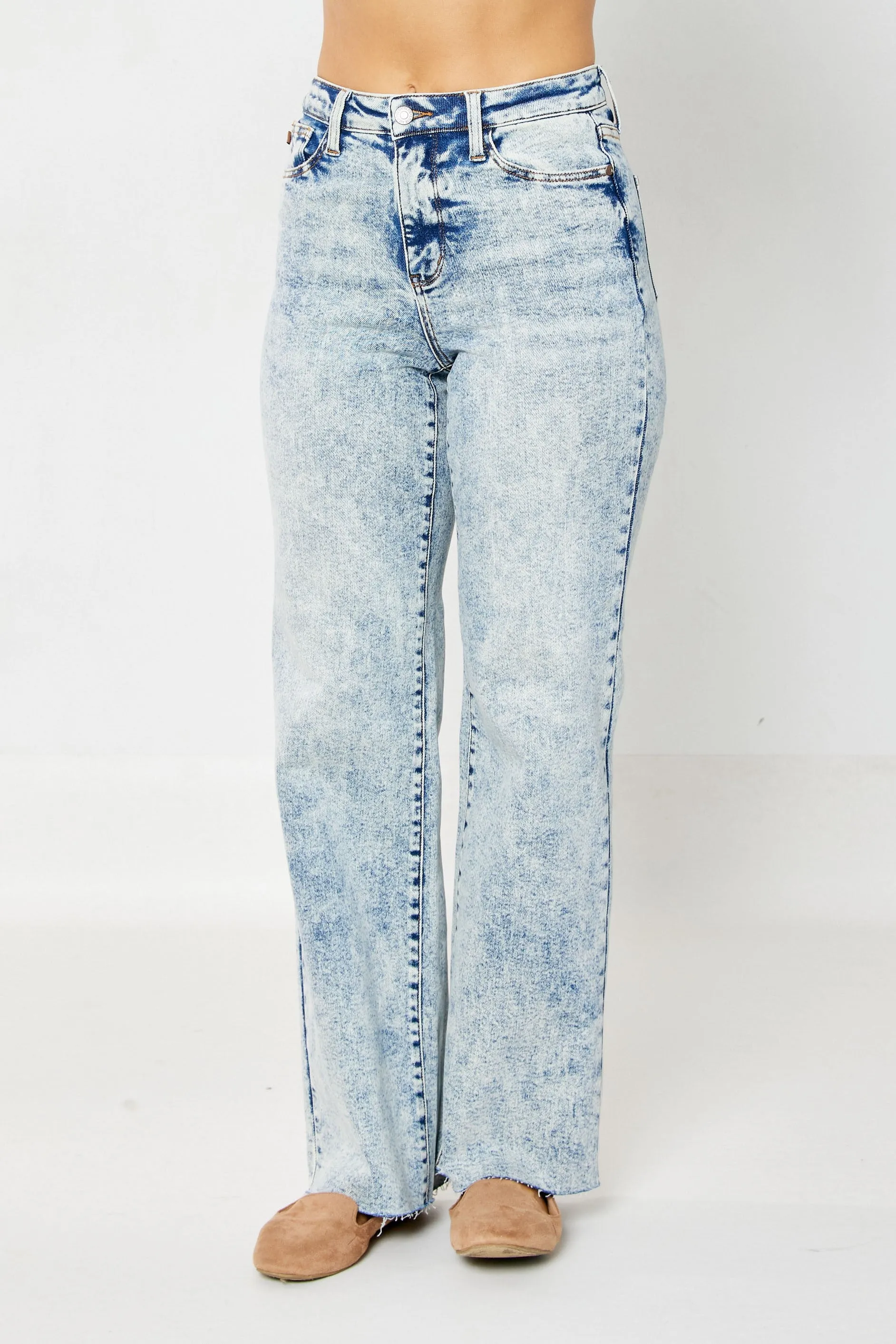 Judy Blue Dory High Waist Mineral Wash Raw Hem Wide Leg Jeans