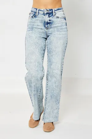 Judy Blue Dory High Waist Mineral Wash Raw Hem Wide Leg Jeans