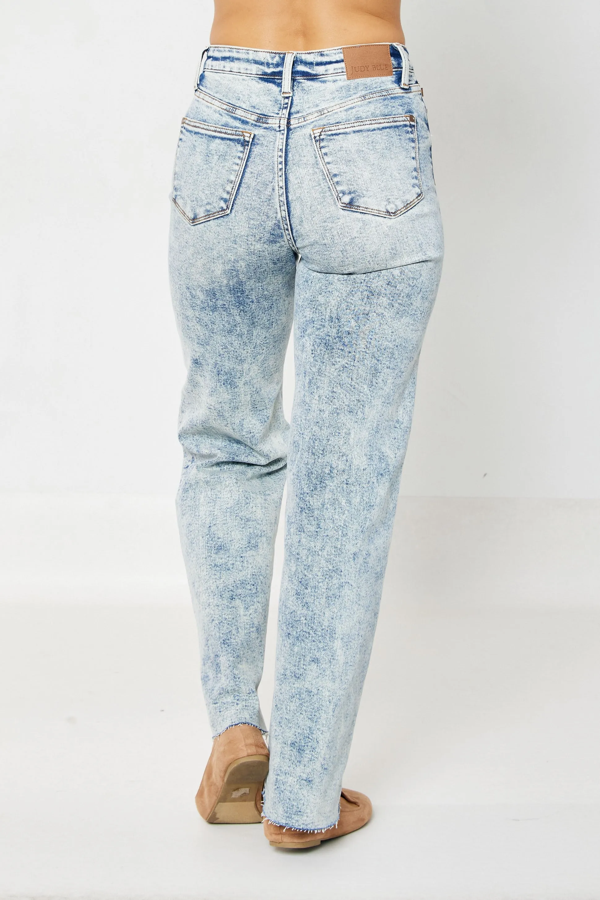 Judy Blue Dory High Waist Mineral Wash Raw Hem Wide Leg Jeans