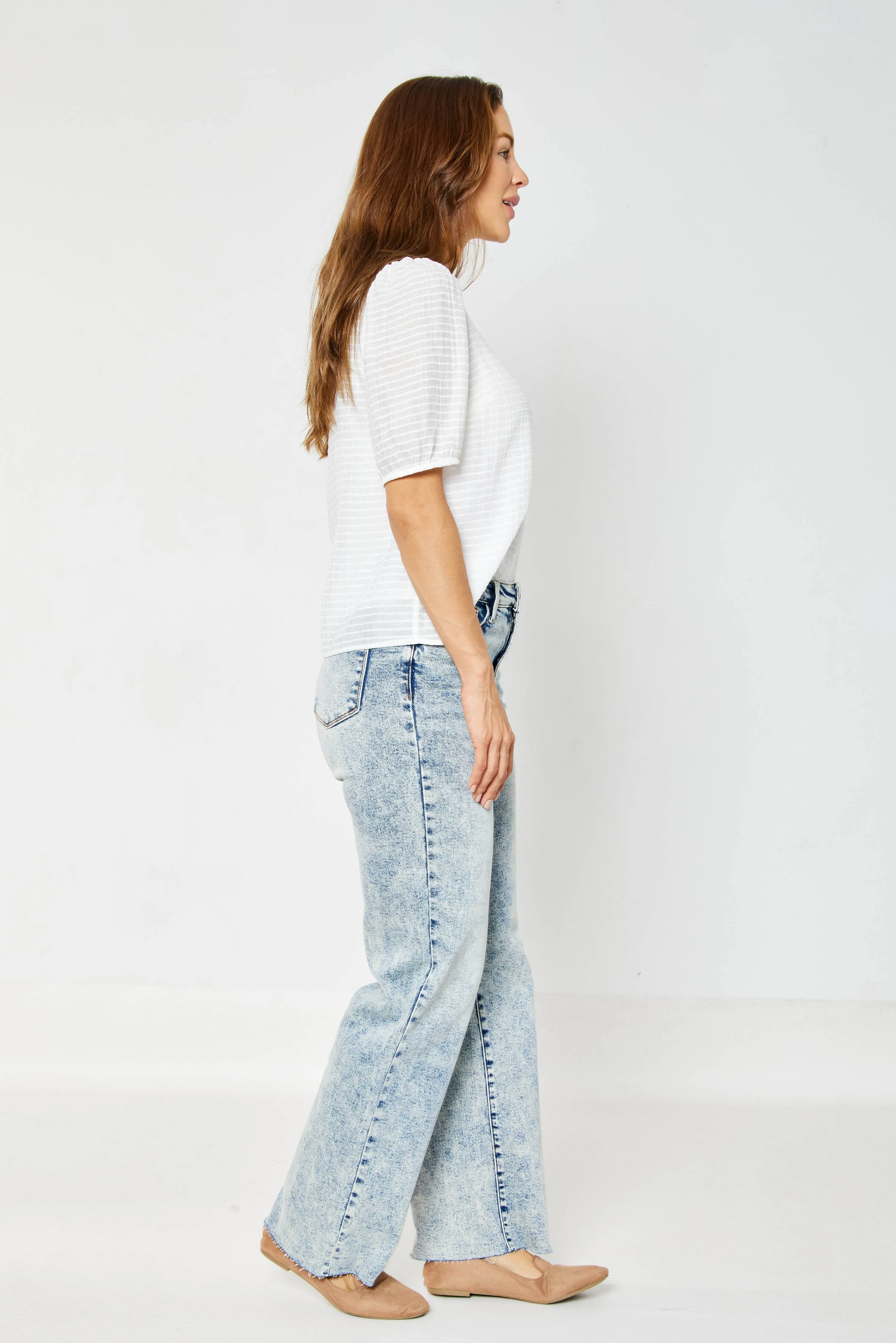 Judy Blue Dory High Waist Mineral Wash Raw Hem Wide Leg Jeans