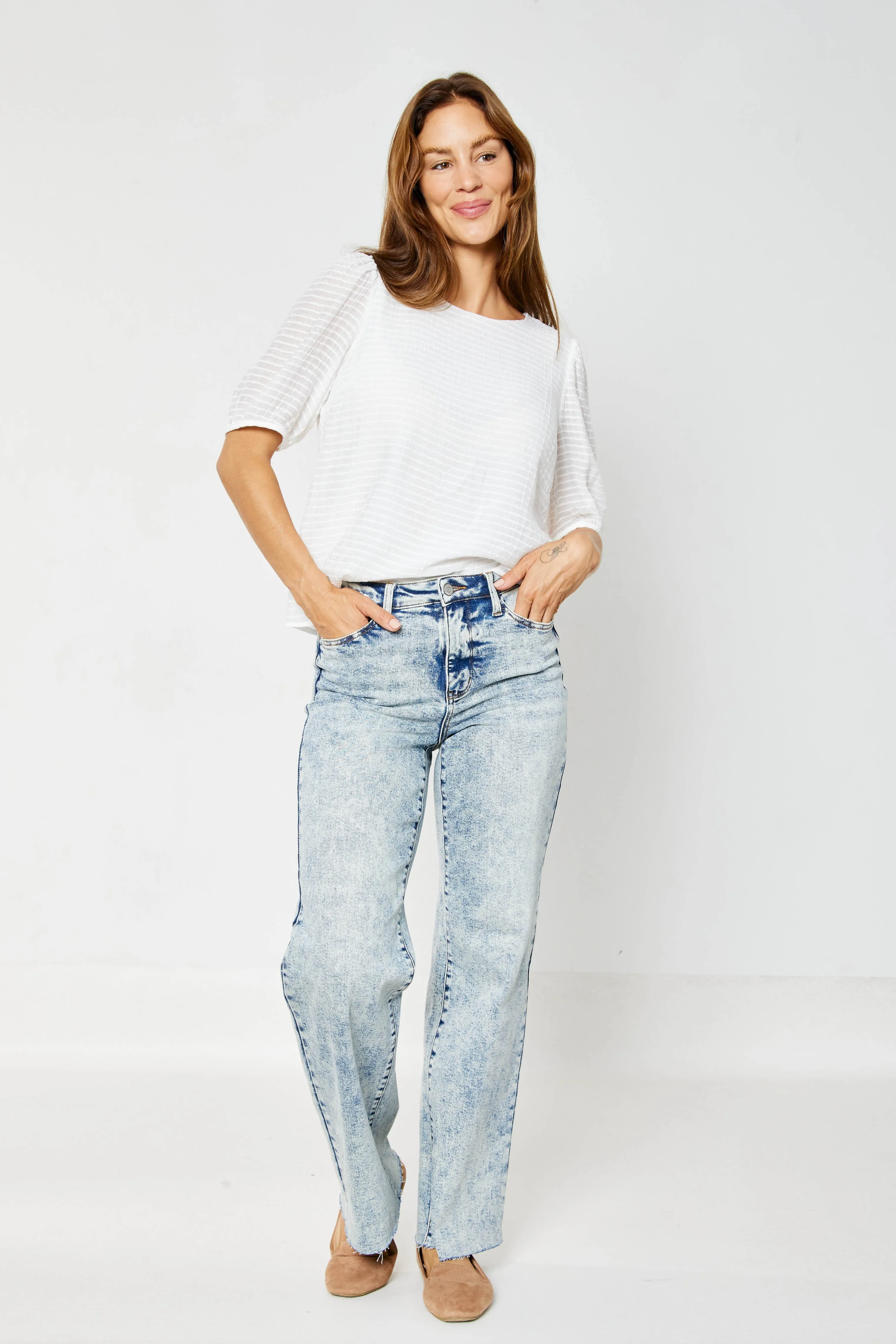 Judy Blue Dory High Waist Mineral Wash Raw Hem Wide Leg Jeans