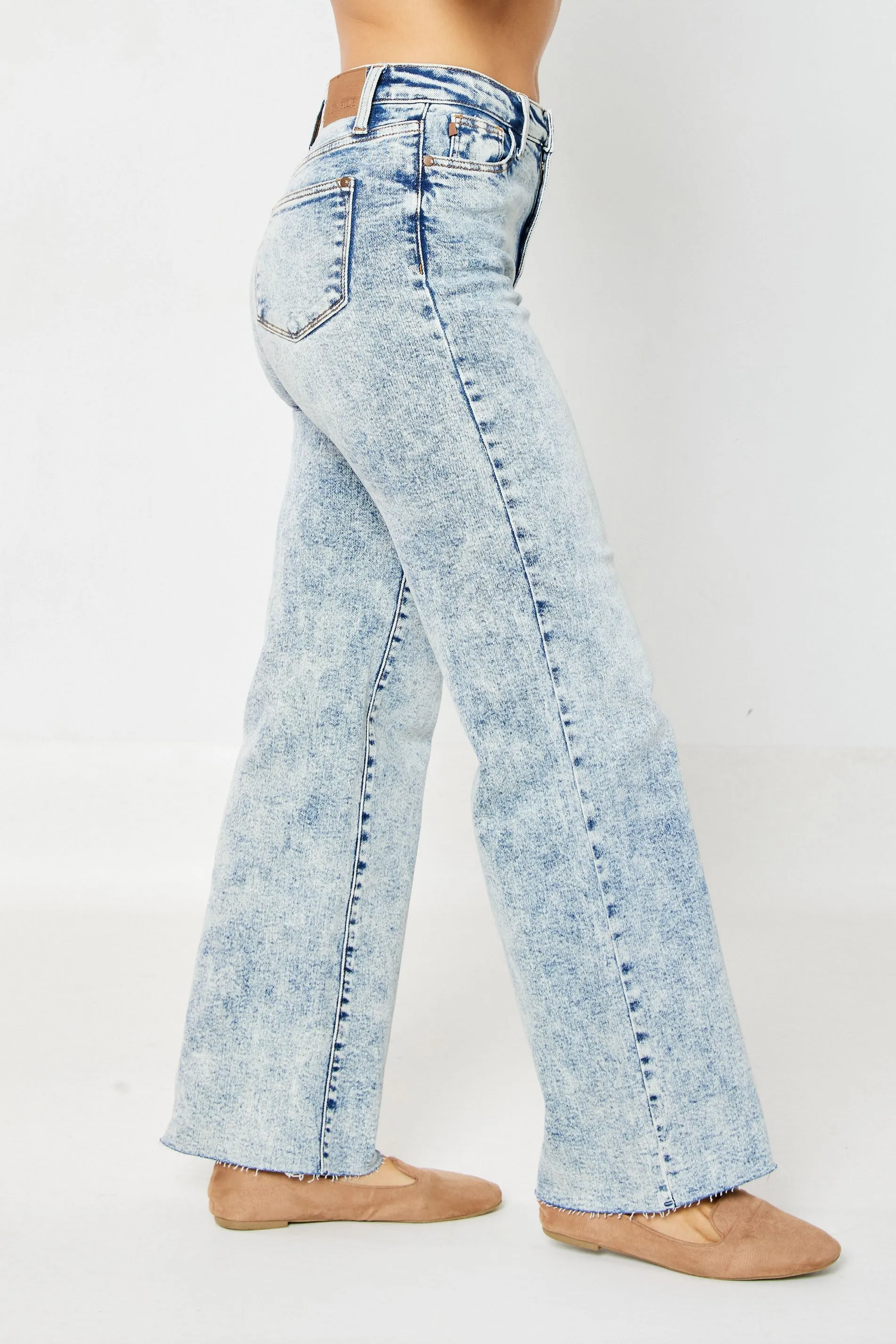 Judy Blue Dory High Waist Mineral Wash Raw Hem Wide Leg Jeans