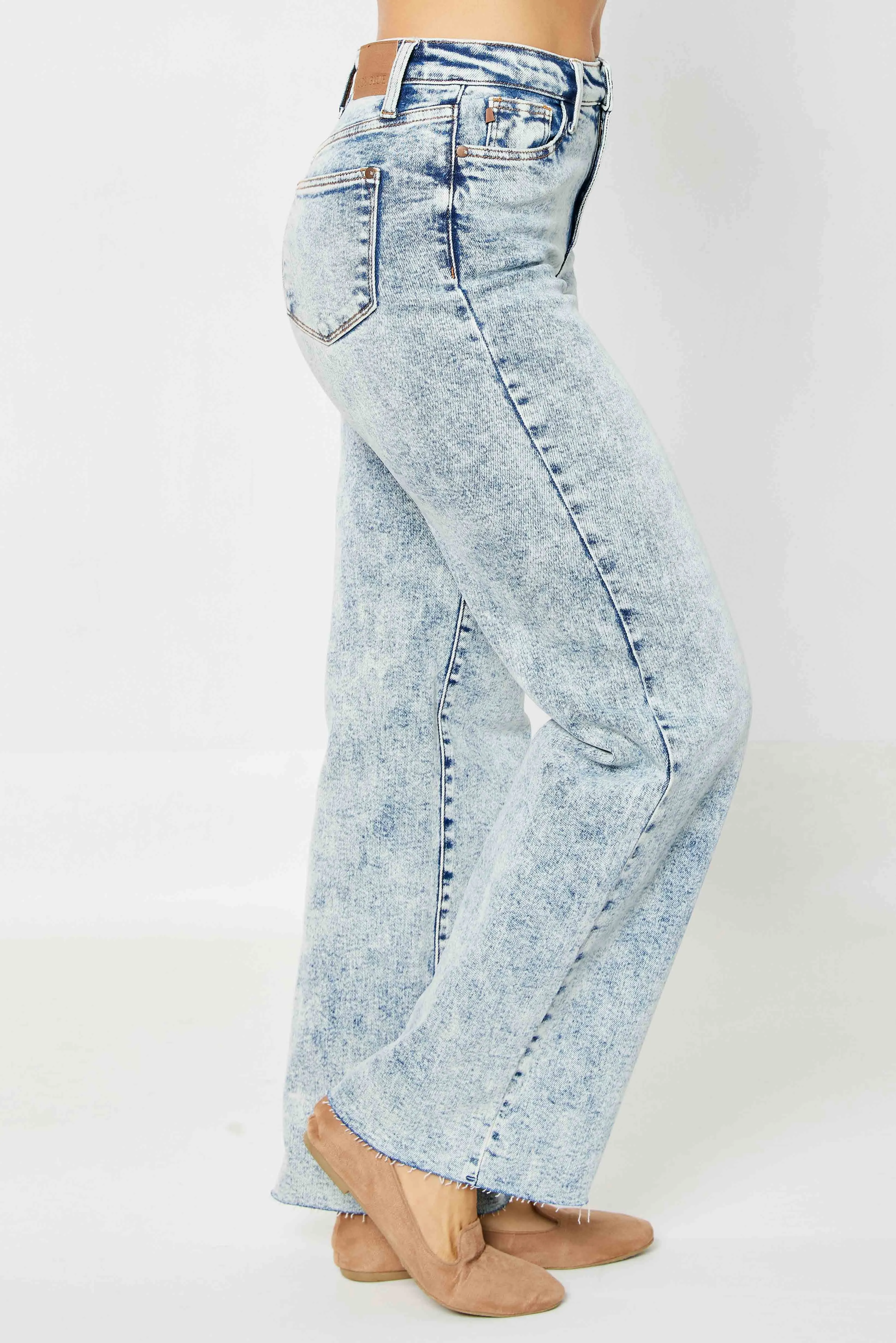 Judy Blue Dory High Waist Mineral Wash Raw Hem Wide Leg Jeans