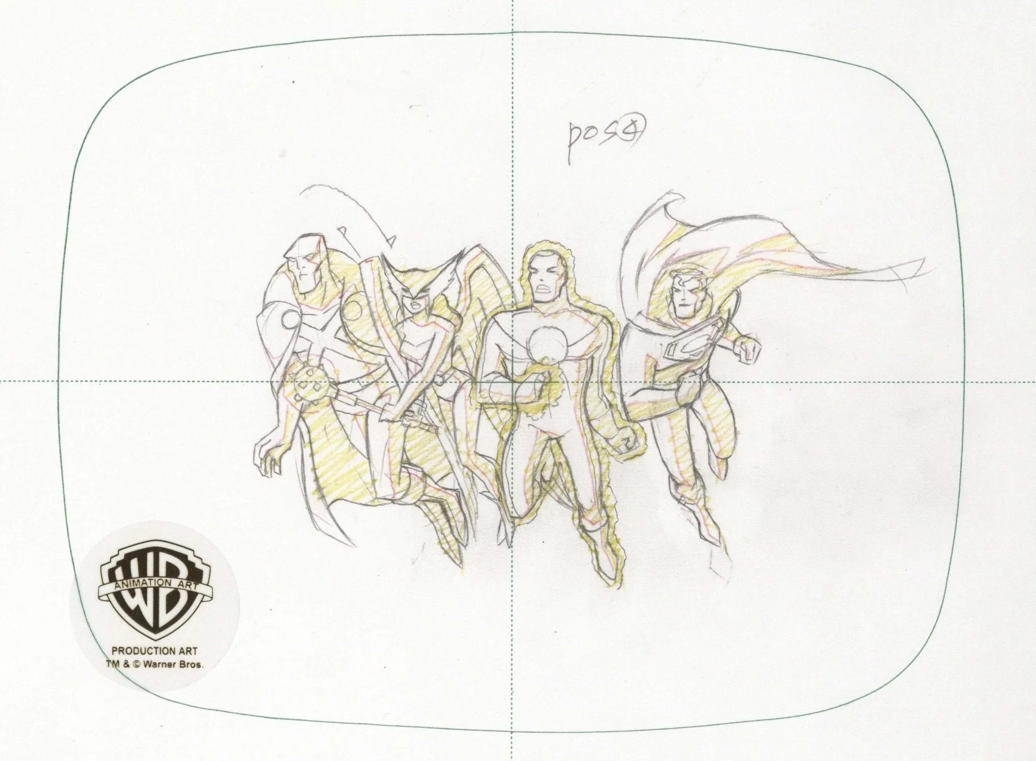 Justice League Original Production Drawing: Martian Manhunter, Hawkgirl,Green Lantern and Superman