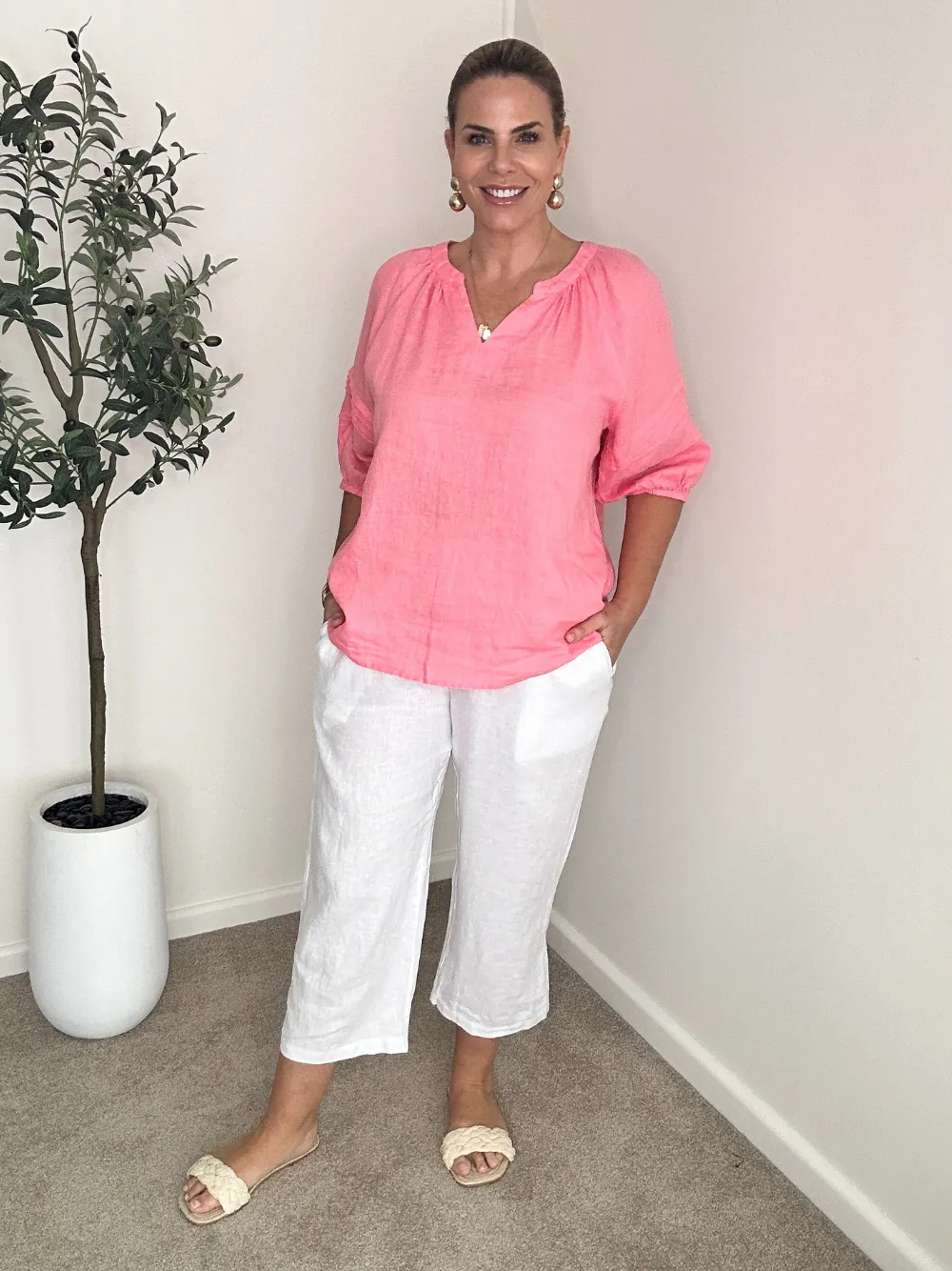 Lara Linen Wide Leg Pant - White