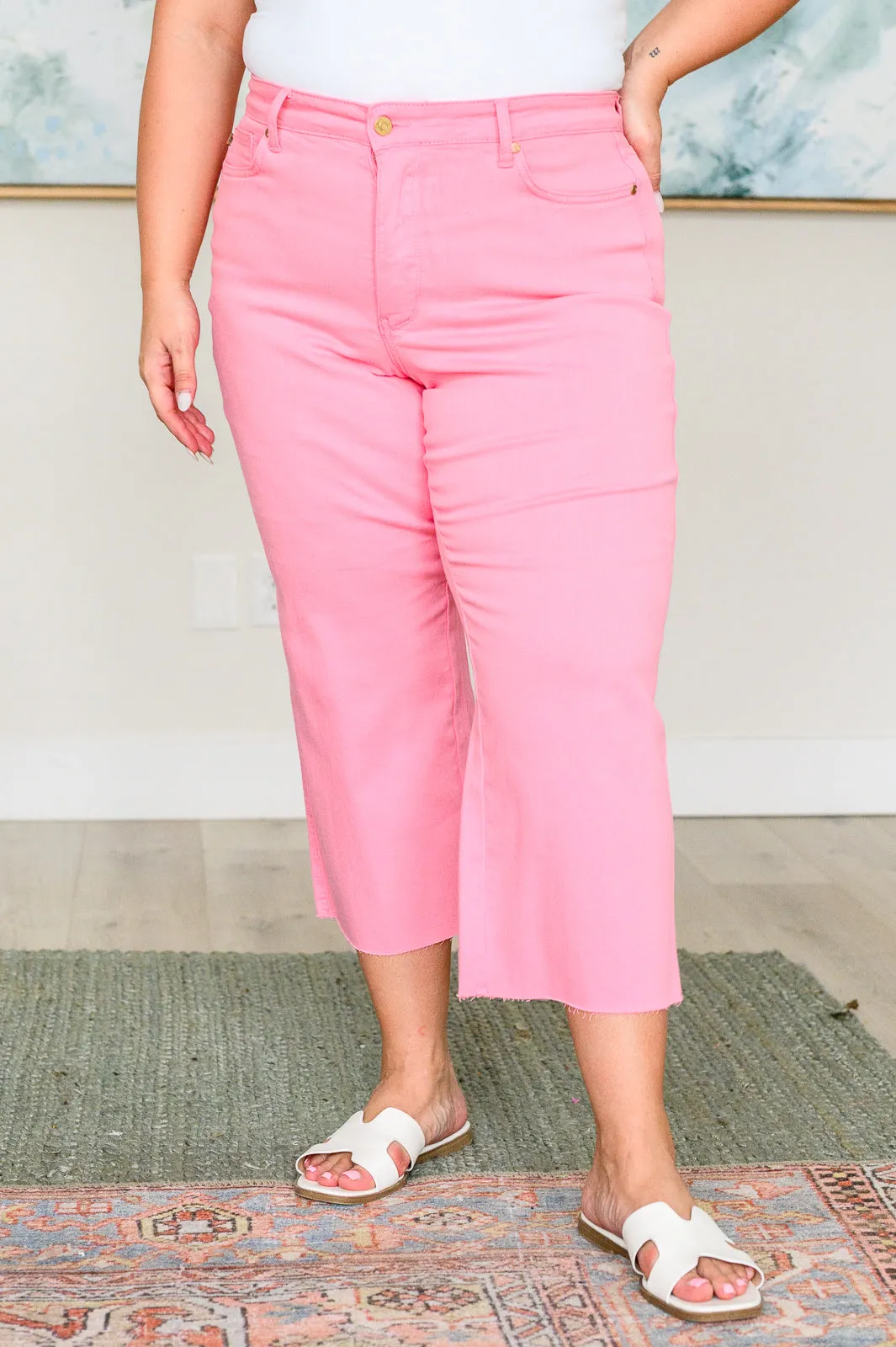 Lorraine High Rise Control Top Wide Leg Crop Jeans in Pink