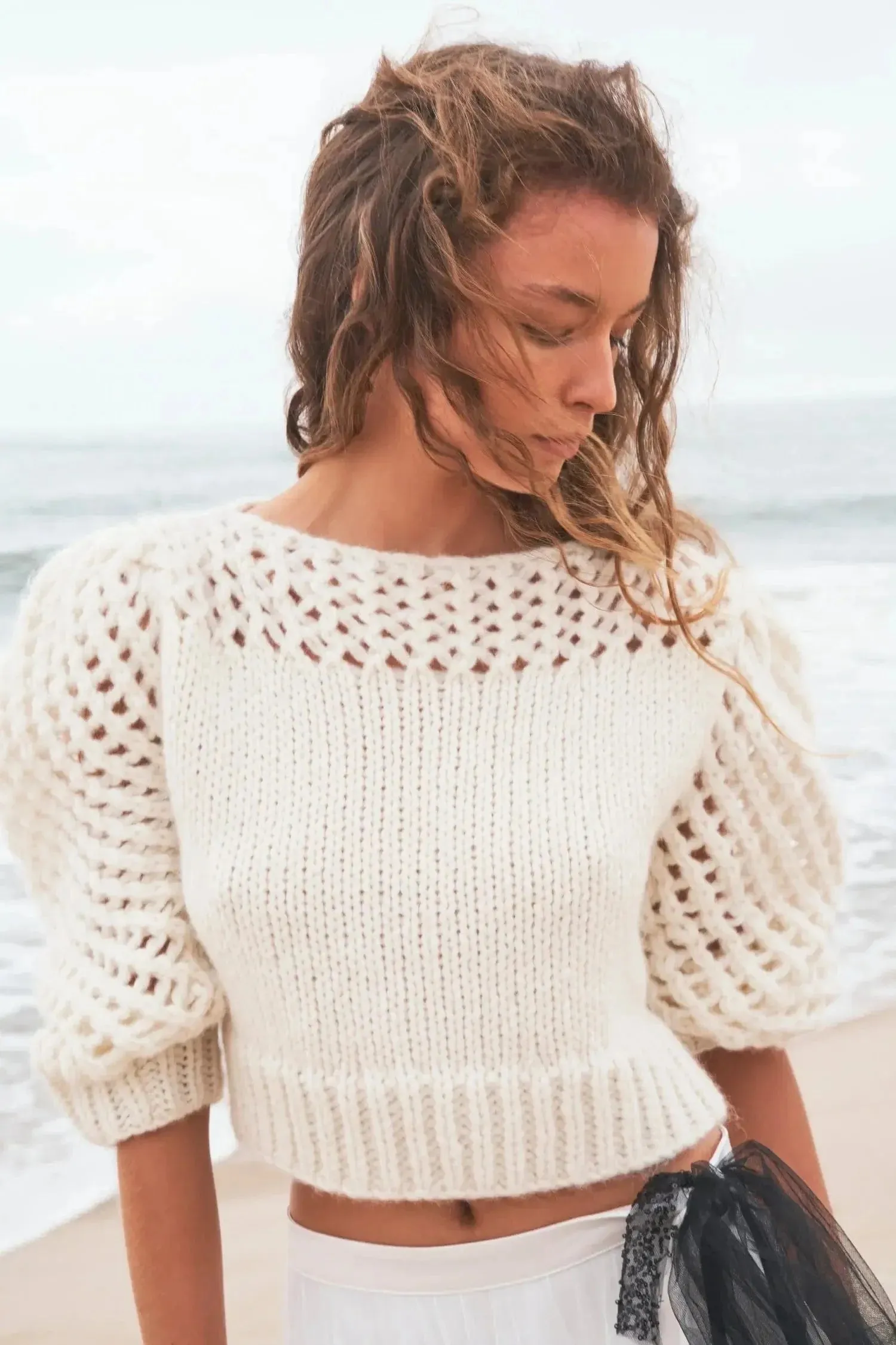 Love Shack Fancy - Larson Crop Pullover in antique white