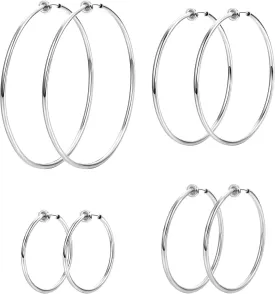 LOYALLOOK 4 Pairs Stainless Steel Clip On Hoop Earrings for Women Fake Hoop Earrings Spring Hoop Earrings For Non-Pierced Ears