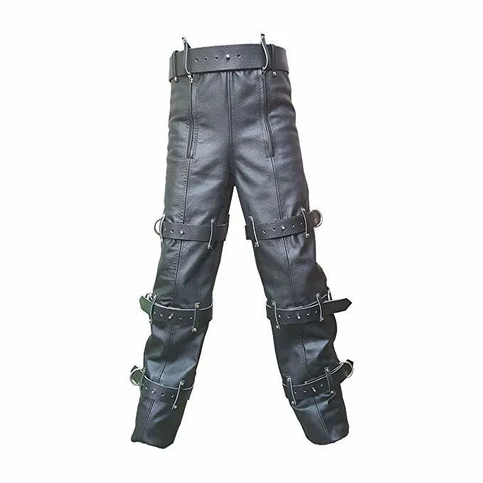 Mens Black Leather Locking Bondage Chastity Jeans Pant With Rear Zip - CJ