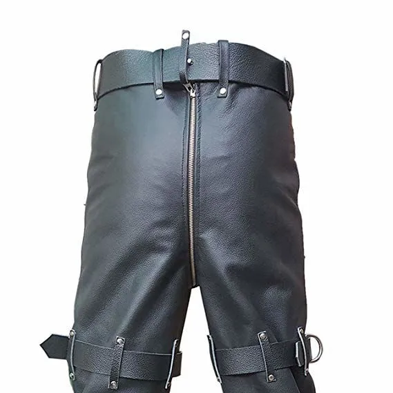 Mens Black Leather Locking Bondage Chastity Jeans Pant With Rear Zip - CJ