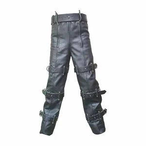 Mens Black Leather Locking Bondage Chastity Jeans Pant With Rear Zip - CJ