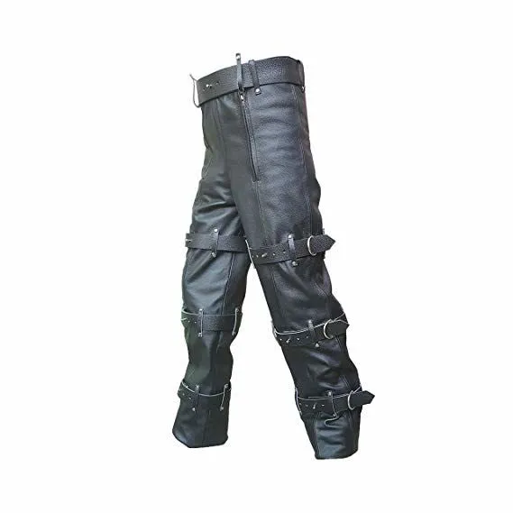 Mens Black Leather Locking Bondage Chastity Jeans Pant With Rear Zip - CJ