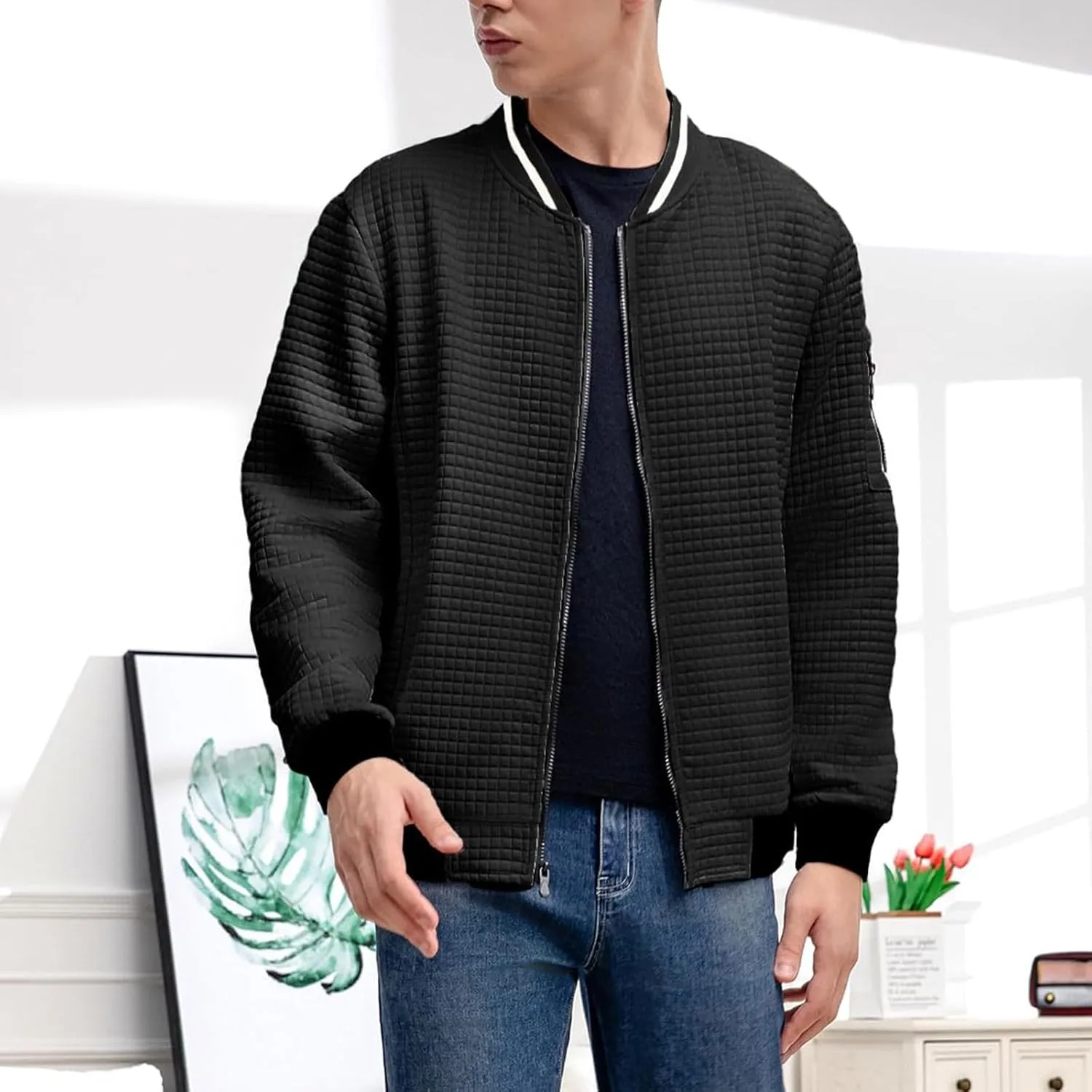 Mens Lightweight Bomber Jackets Casual Waffle Zip Up Fashion Varsity Jacket Plus Size Running Hiking Travel Coat Top