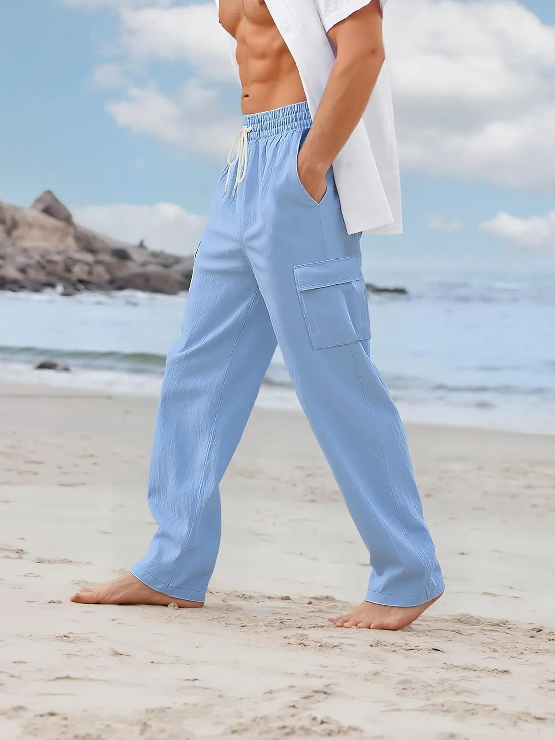 Mens Linen Pants Casual Summer Beach Pants Lightweight Drawstring Yoga Trousers Vacation Cargo Pants with Pockets