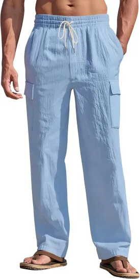 Mens Linen Pants Casual Summer Beach Pants Lightweight Drawstring Yoga Trousers Vacation Cargo Pants with Pockets