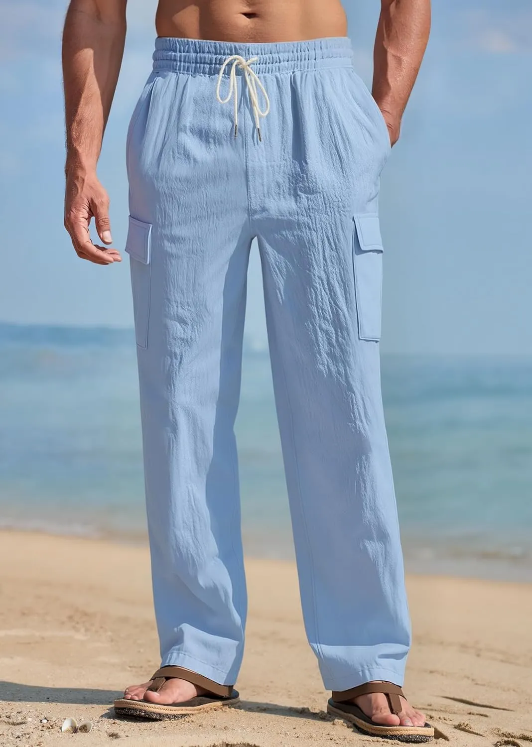 Mens Linen Pants Casual Summer Beach Pants Lightweight Drawstring Yoga Trousers Vacation Cargo Pants with Pockets